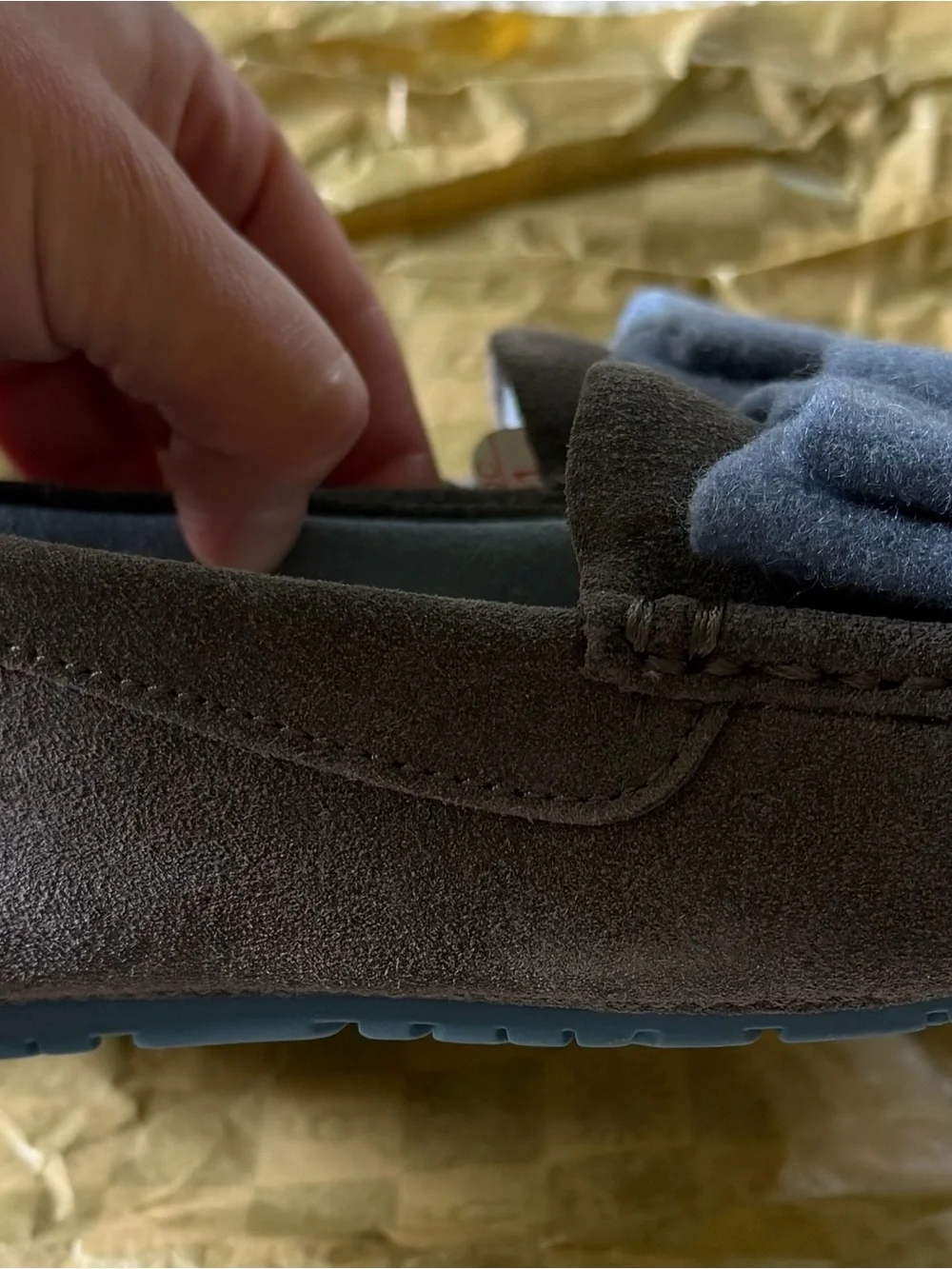 UGG Kids Grey Suede Bow Slippers with Light Blue Trim